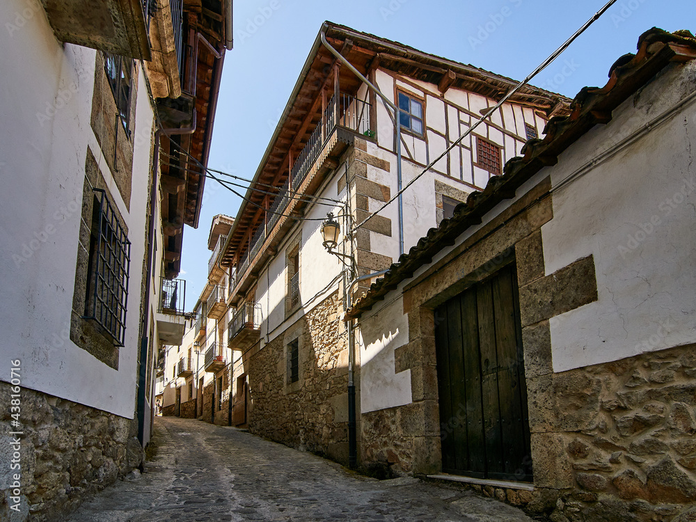 Streets and architectural facades of Candelario in Salamanca, Spain