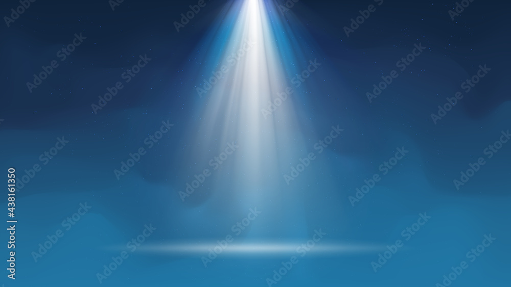 Background with fog Spotlight. Illuminated blue smoky scene. Background for displaying products. Bright beams of spotlights, shimmering glittering particles, a spot of light. Vector illustration