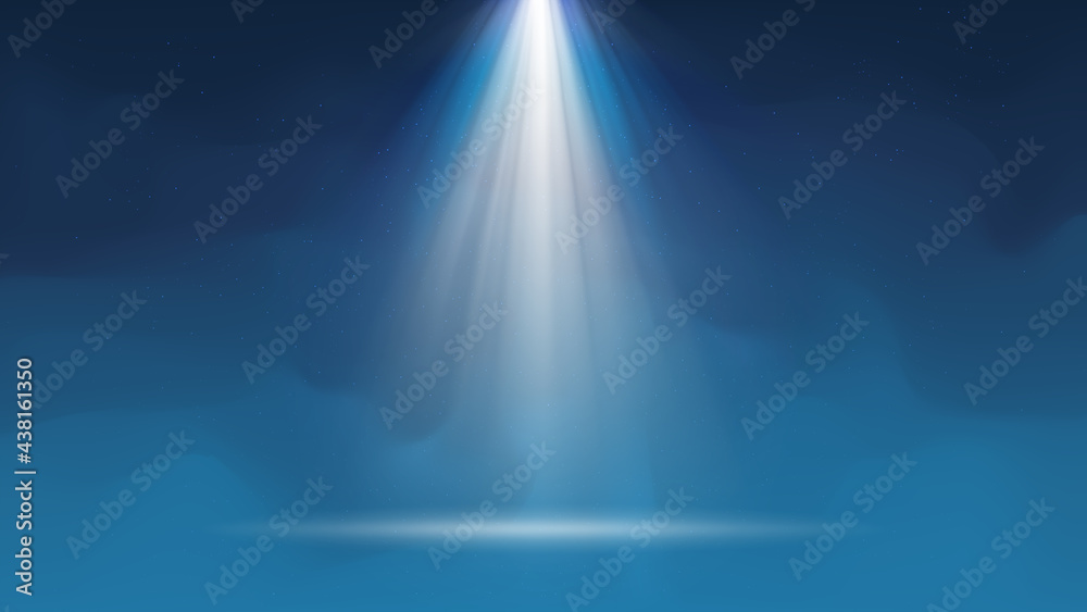 Background with fog Spotlight. Illuminated blue smoky scene. Background for displaying products. Bright beams of spotlights, shimmering glittering particles, a spot of light. Vector illustration Background with fog Spotlight. Illuminated blue smoky scene. Background for displaying products. Bright beams of spotlights, shimmering glittering particles, a spot of light. Vector illustration
