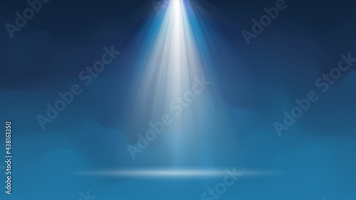 Background with fog Spotlight. Illuminated blue smoky scene. Background for displaying products. Bright beams of spotlights, shimmering glittering particles, a spot of light. Vector illustration