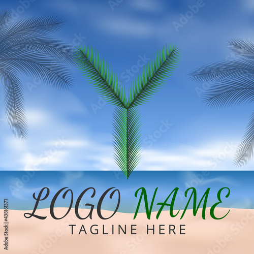 Letter Y Logo Simbols Green tropical coconut leaf with creative summer concept and Beach Background