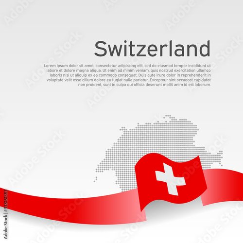 Switzerland flag, mosaic map on white background. Vector banner design, switzerland national poster. Cover for business booklet. Wavy ribbon with the swiss flag. State patriotic, flyer, brochure