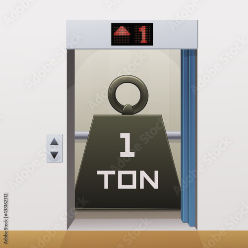 Elevator with the doors open containing a weight of one ton