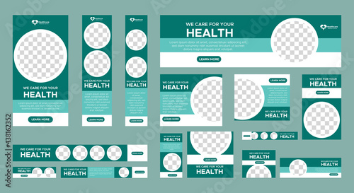 Set of Healthy Medical banners of standard size with a place for photos. Vertical, horizontal and square template. Vector illustration