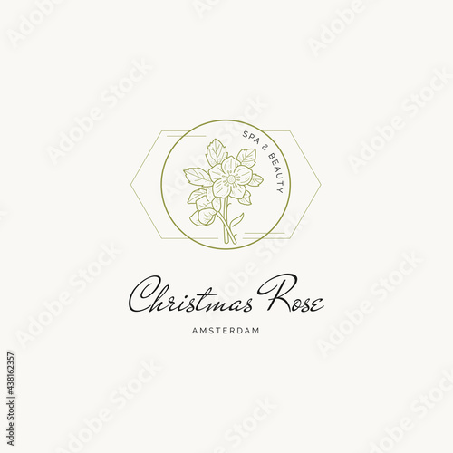 Hand drawn line art botanical vector logo design template. Illustration of elegant signs and badges for beauty, natural and organic products, cosmetics, spa and wellness, fashion, wedding agency.