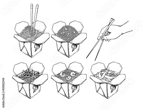 Hand drawn vector illustration. Asian food. Different types of work, noodle, rice with shrimp, salmon and vegetables. Hands with chinese chopsticks. Perfect for menu and flyers for cafes, restaurants