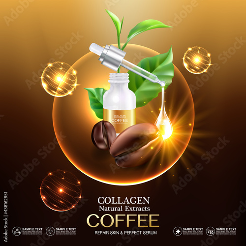 Coffee Collagen Serum  and Vitamin for Skincare and Cosmetic Products.