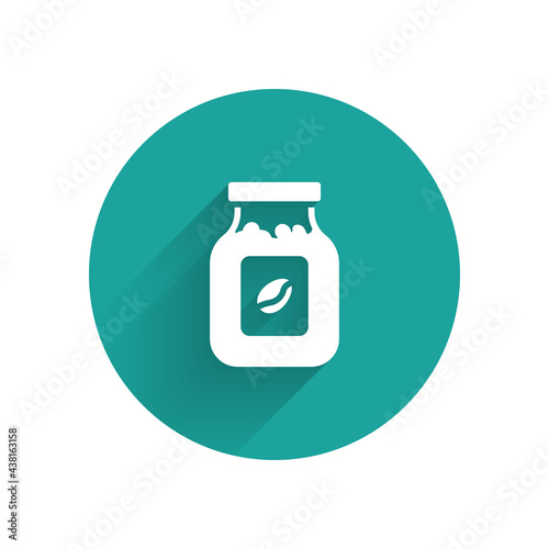 White Coffee jar bottle icon isolated with long shadow background. Green circle button. Vector