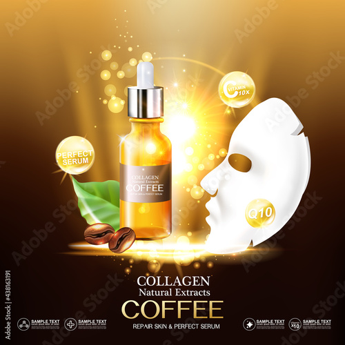 Coffee Collagen Serum  and Vitamin for Skincare and Cosmetic Products.