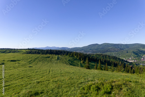AERIAL: field of spring grass mountain hill at sunny day. Wide green meadow in the foreground. bright green Siberian hills
