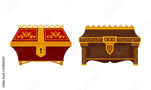 Gold Casket or Jewelry Box as Decorated Small Container Vector Set