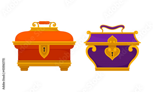 Gold Casket or Jewelry Box as Decorated Small Container Vector Set