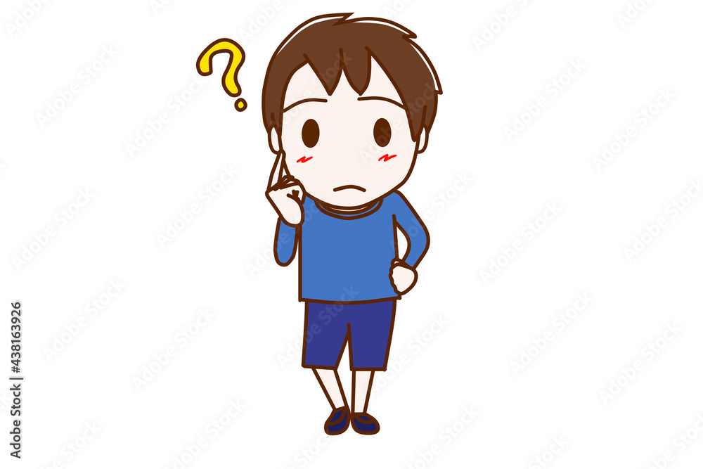 <全身・正面>はてなと疑問を持って考える少年 <全身・正面>はてなと疑問を持って考える少年