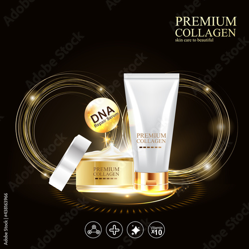 Premium Collagen Serum and Vitamin Background for  Skin Care Cosmetic Product Template.