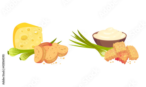 Flavored Crouton as Pieces of Seasoned Rebaked Bread Vector Set