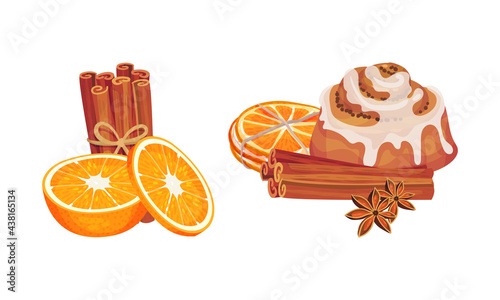 Dried Cinnamon Bark Strips or Sticks with Bun and Orange Slices Vector Set