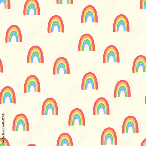 Trendy seamless pattern with colorful rainbow on color background. Design for invitation  poster  card  fabric  textile  fabric. Cute holiday illustration for baby. Doodle style