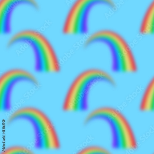 Trendy seamless pattern with colorful rainbow on color background. Design for invitation, poster, card, fabric, textile, fabric. Cute holiday illustration for baby. Doodle style