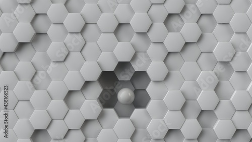 Fototapeta Naklejka Na Ścianę i Meble -  3d rendering of a geometric background of hexagons and a white perfect sphere. White hexagons of different heights form a beautiful, abstract landscape. Cellular design, desktop screensaver.