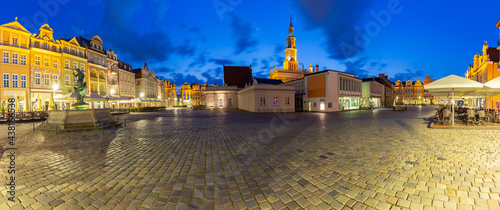 Poznan. Panorama of the old medieval market at night.