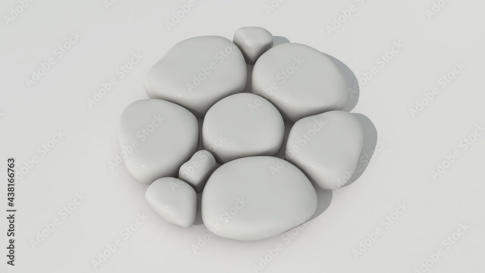 3d rendering of smooth stones, water-sanded pebbles. White stones above a white surface. Beautiful drawing of soothing shapes. 3d rendering of smooth stones, water-sanded pebbles. White stones above a white surface. Beautiful drawing of soothing shapes.