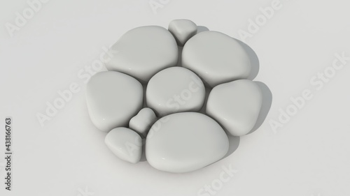 3d rendering of smooth stones, water-sanded pebbles. White stones above a white surface. Beautiful drawing of soothing shapes.