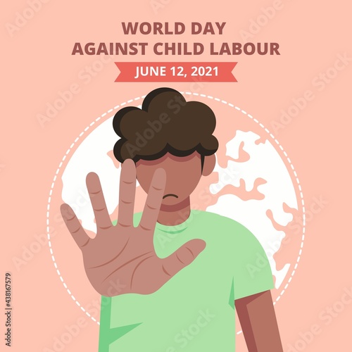 World day against child labour background with a child working in a construction field says no to child labor. Flat style vector illustration concept of anti child exploitation campaign.