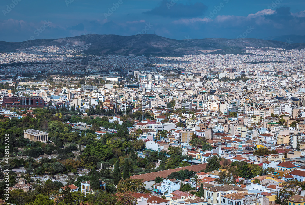 Athens cityscape and Hephaestus temple, view from Acropolis hill, Greece