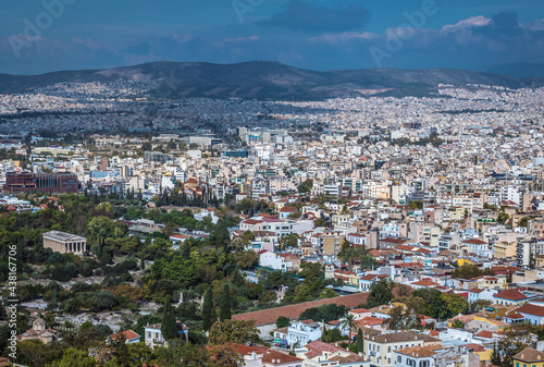 Athens cityscape and Hephaestus temple, view from Acropolis hill, Greece © Fotokon