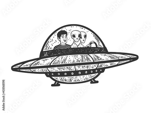 man flies with aliens in UFO flying saucer line art sketch engraving vector illustration. T-shirt apparel print design. Scratch board imitation. Black and white hand drawn image.