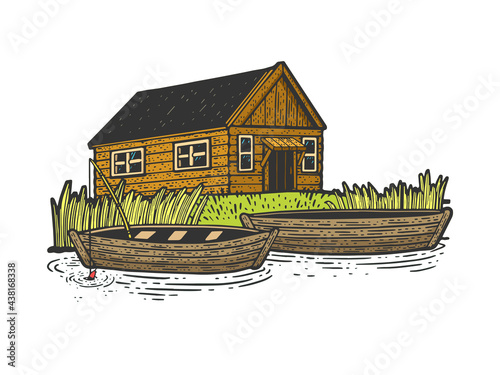 fishing lodge house with boats color line art sketch engraving vector illustration. T-shirt apparel print design. Scratch board imitation. Black and white hand drawn image.
