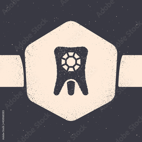 Grunge Tooth with diamond icon isolated on grey background. Monochrome vintage drawing. Vector