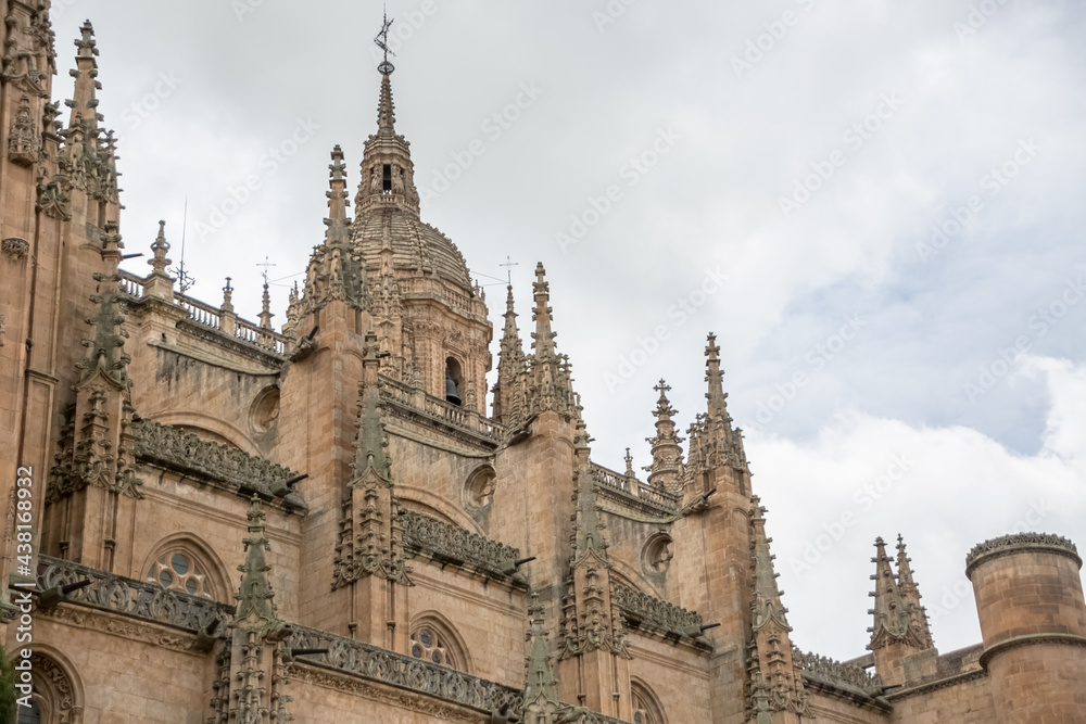 Majestic detail view at the gothic ornaments building at the Salamanca cathedral, main facade and tower cupola dome Majestic detail view at the gothic ornaments building at the Salamanca cathedral, main facade and tower cupola dome