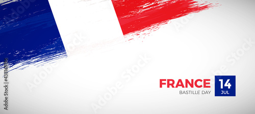 Happy bastille day of France with brush painted grunge flag background