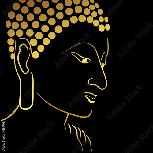 Golden buddha head with golden border element isolate on black