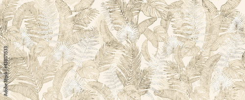 Background of tropical leaves. Palm leaves, branches, grass.