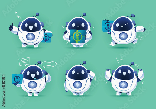 set of white fat modern robot mascot character delivery object © Warittanun