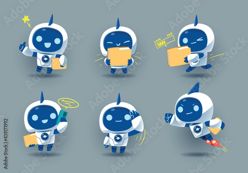 set of white modern robot mascot character delivery folder