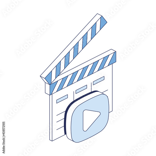 Movie clapper play video. Vector 3d line isometric, color web icons, new flat style. Creative design idea for infographics.