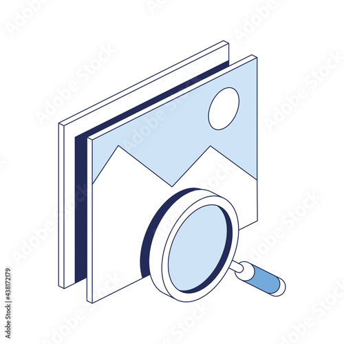 Search magnifier pictures. Vector 3d line isometric, color web icons, new flat style. Creative design idea for infographics.