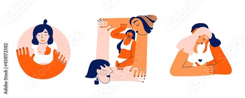 Feminist illustration isolated set. Young women support each other. Tattoo, piercing, body positive. Sisterhood, love, friendship. For prints and social networks. Geometric simple, funny. Orange.