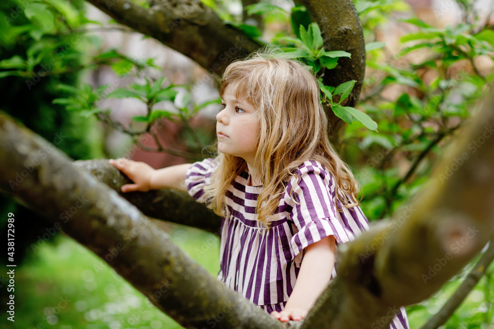 Little preschool girl climbing on tree on family backyard. Lovely happy toddler child hanging on magnolia tree, active games with children outdoors. Outdoor activity in park or garden Little preschool girl climbing on tree on family backyard. Lovely happy toddler child hanging on magnolia tree, active games with children outdoors. Outdoor activity in park or garden
