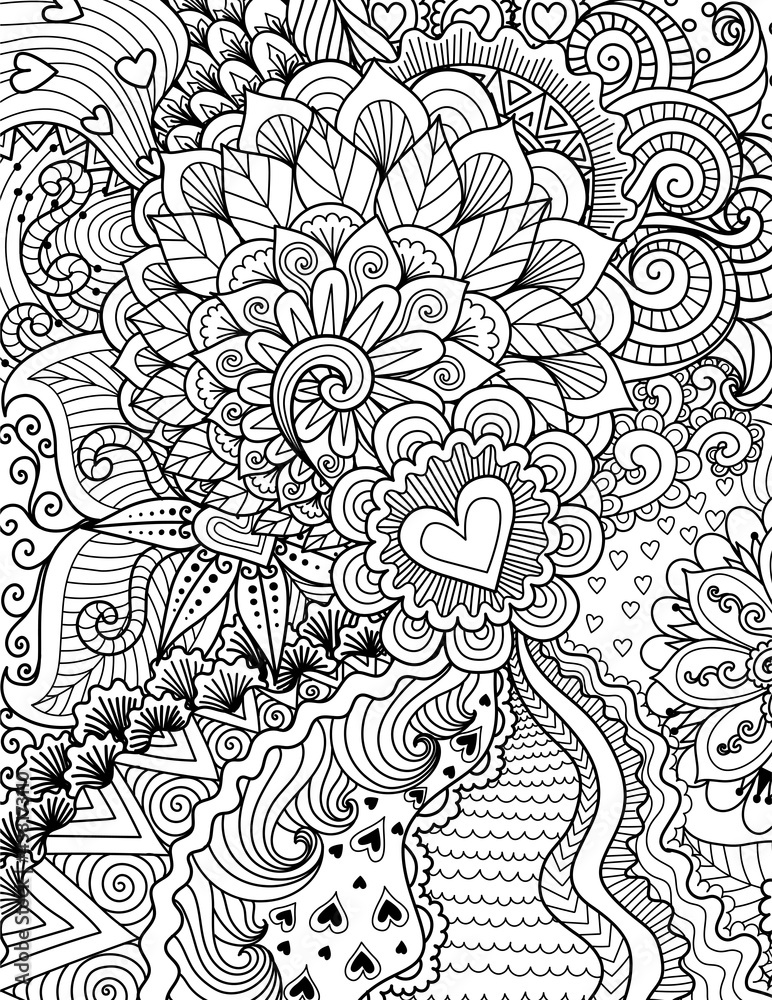 Fototapeta premium Abstract flowers for background, coloring book, coloring page with the size 8.5x11. Vector illustration.