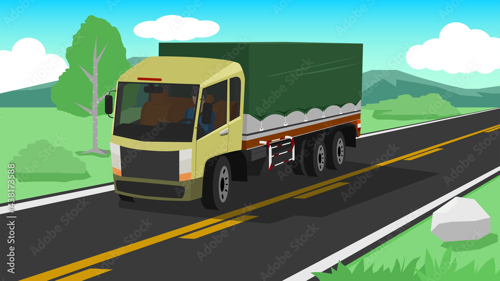 Cargo trucks with tarpaulins transportation journey. Only one man driving on the asphalt road with nature of meadow and mountains.