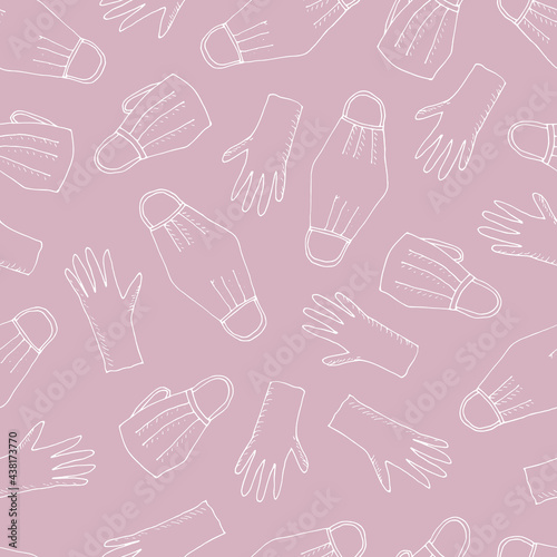 Vector seamless pattern background with medical face mask and rubber gloves for healthcare, medical design. Vector illustration. Drawn by hand in a doodle style. Modern texture for your design can be