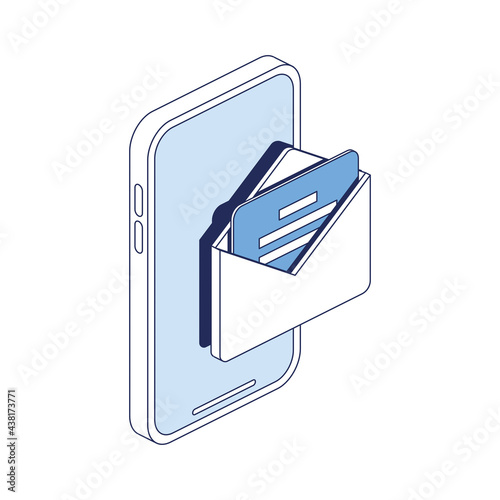 Smartphone screen, email letter. Vector 3d line isometric, color web icons, new flat style. Creative design idea for infographics.