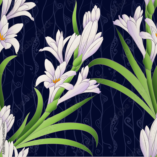 Tuberose - vector image of perfumery and cosmetic plants. Seamless pattern. Use printed materials, fabric prints, posters, postcards, packaging.