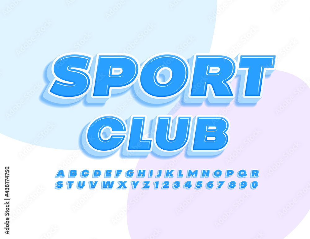 Vector creative sign Sport Club. Creative Uppercase Font. 3D Blue Alphabet Letters and Numbers set