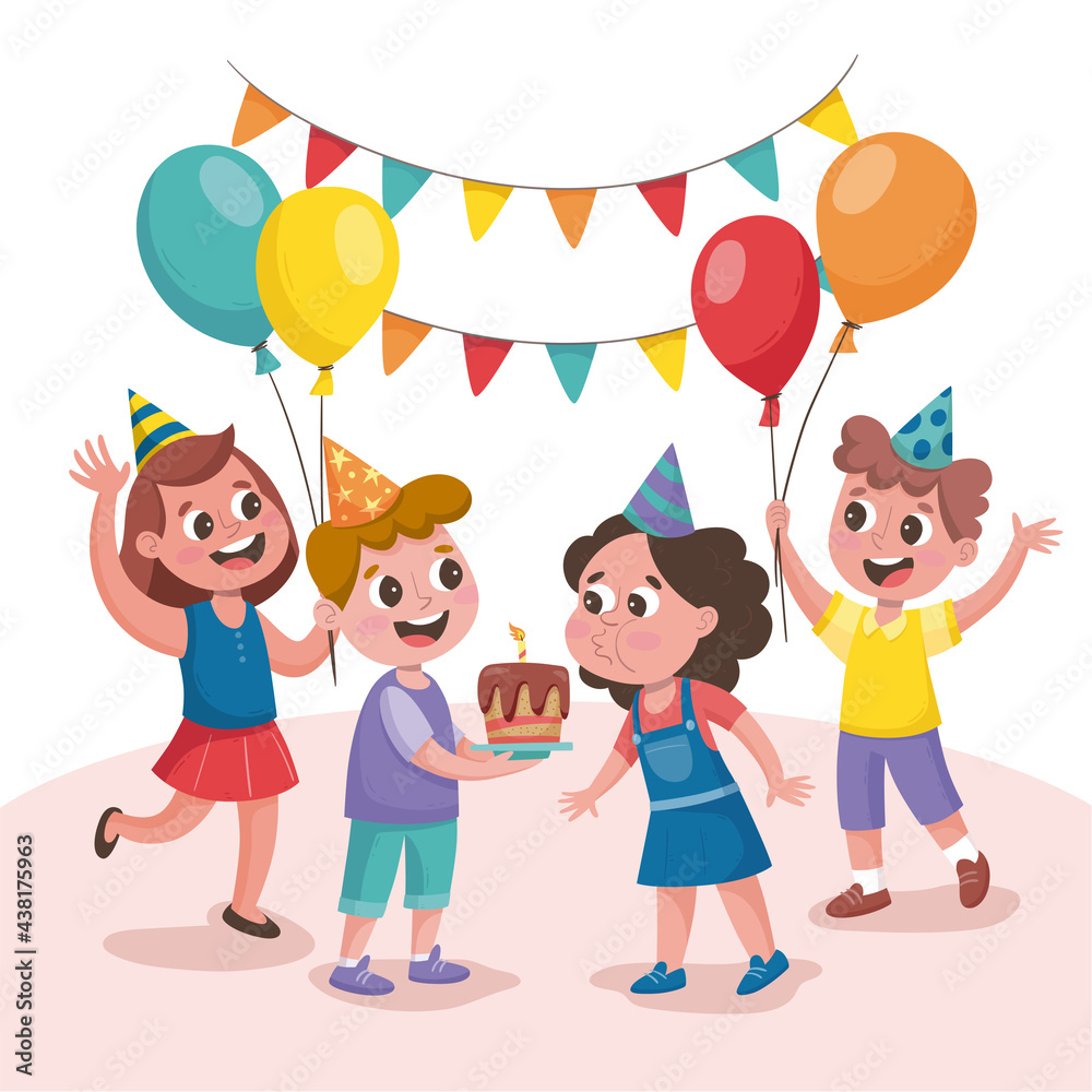 Cute children celebrating a birthday party. Little girl blowing out the candles. Happy children with balloons jumping and celebrating. Cute children celebrating a birthday party. Little girl blowing out the candles. Happy children with balloons jumping and celebrating.