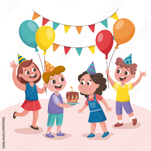 Cute children celebrating a birthday party. Little girl blowing out the candles. Happy children with balloons jumping and celebrating.